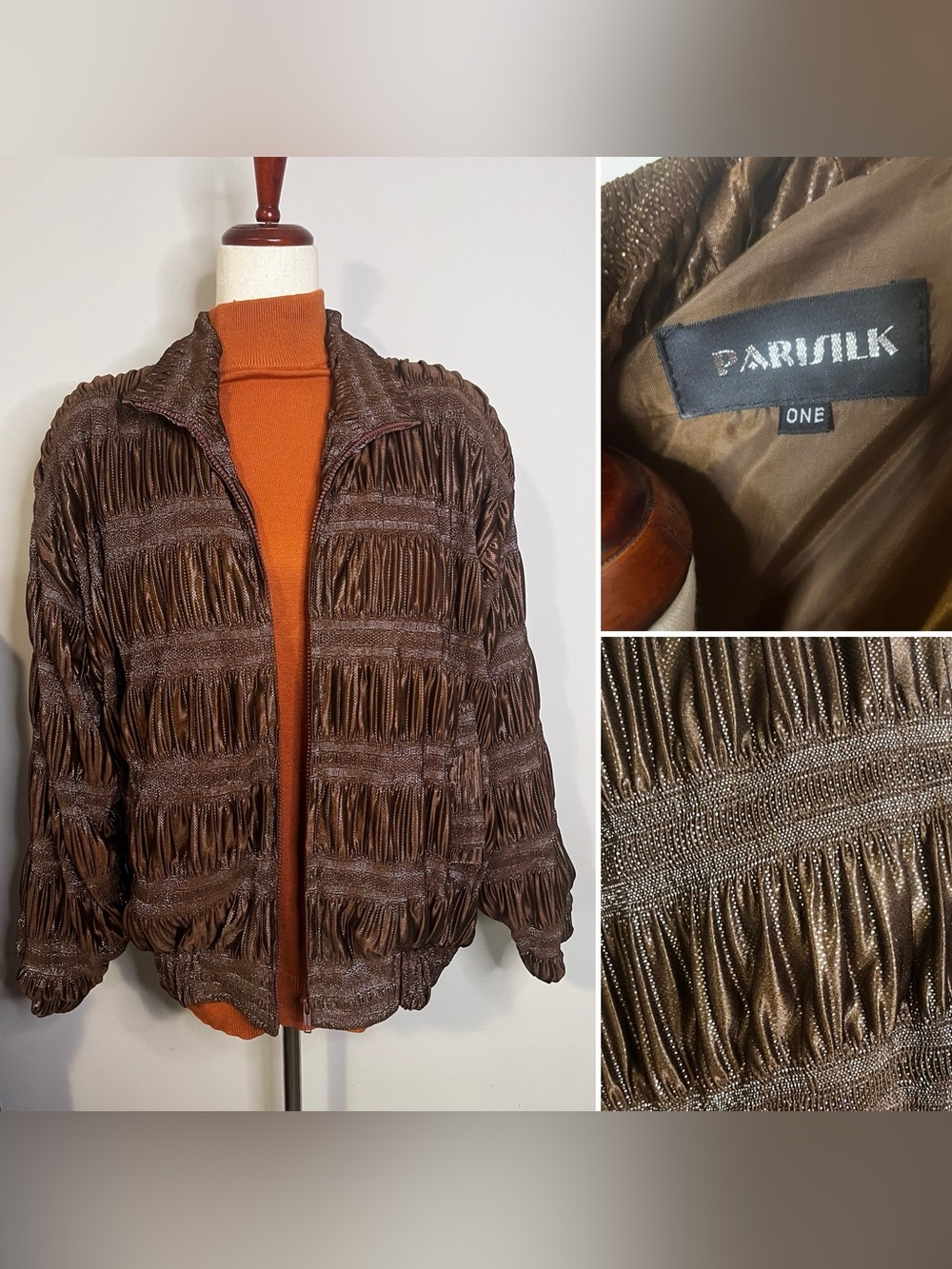 Vintage Brown Textured Zip-Front Women's Jacket